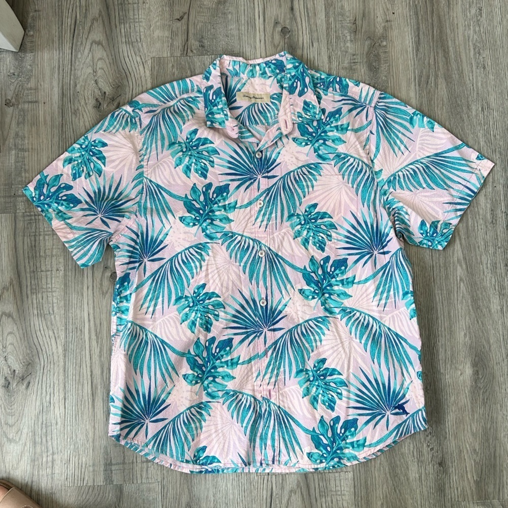 Tommy Bahama White and Blue Short Sleeve Polo Button Down Sz XL